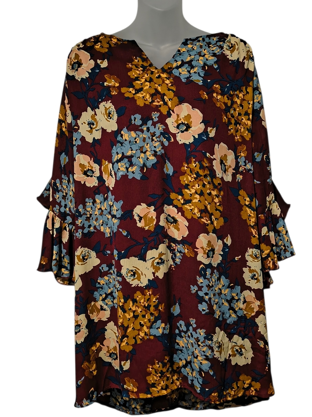 Umgee Oversized Medium Floral Burgundy Romantic Lined Ruffed Bell Sleeve Dress